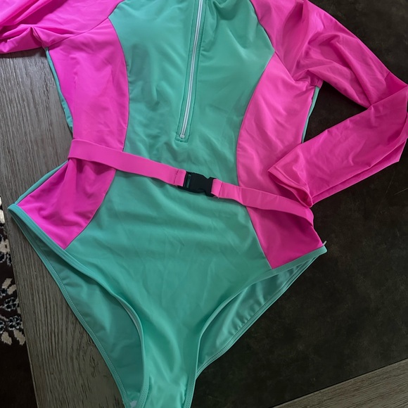 High Cut  Long Sleeve one piece Rash Guard Tummy Control Surfing Zipper - Picture 9 of 12